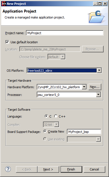 The required New Project settings to create an ARM Cortex-R5 RTOS project